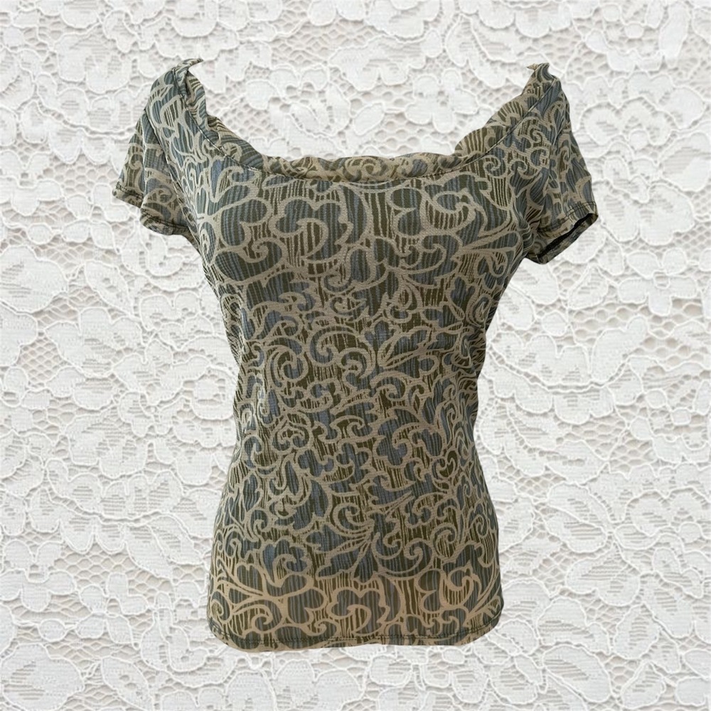 vintage‎ 90s green and blue paisley patterned mesh short sleeve baby tee top